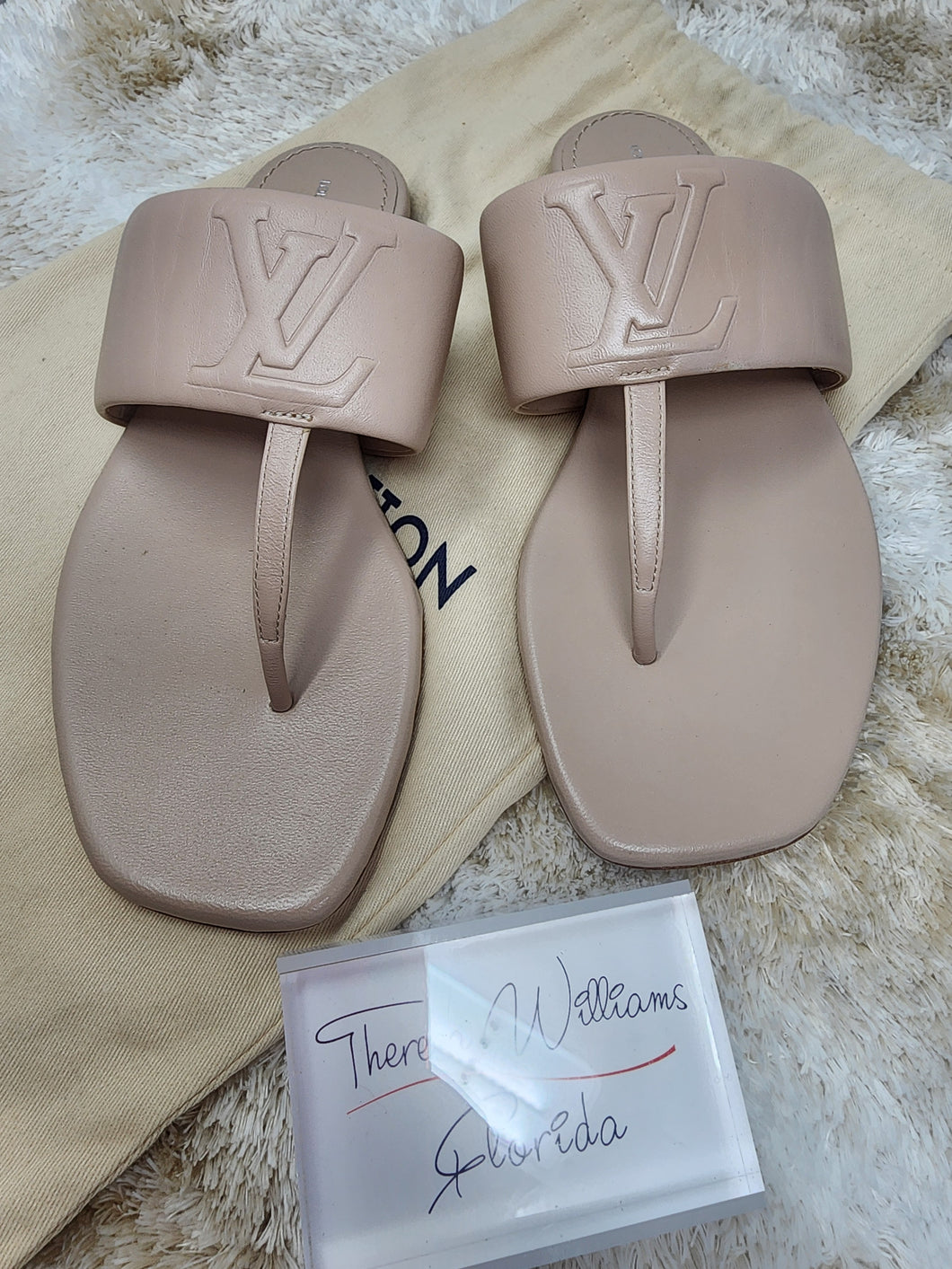 LOUIS VUITTON BEIGE DRAPPY THONG SANDALS, SIZE 37, LIKE NEW