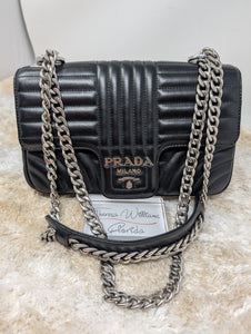 PRADA Soft Calfskin Impunture Diagramme Medium Chain Flap Shoulder Bag in Black