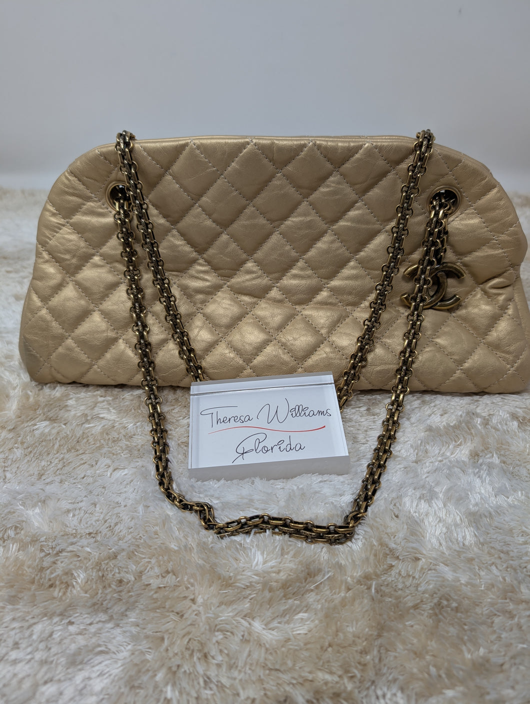 CHANEL MEDIUM JUST MADEMOISELLE GOLD CALFSKIN LEATHER SHOULDER BAG