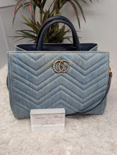 GUCCI MARMONT SMALL TOTE, BLUE DENIM featuring Matelassé quilting and pearly Double G hardware