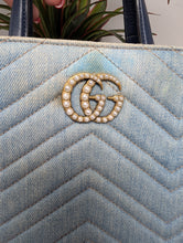 GUCCI MARMONT SMALL TOTE, BLUE DENIM featuring Matelassé quilting and pearly Double G hardware