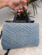 GUCCI MARMONT SMALL TOTE, BLUE DENIM featuring Matelassé quilting and pearly Double G hardware