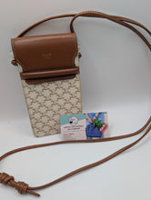 Celine Mini Phone Pouch Handbag in Triomphe Canvas and Tan Lambskin, Excellent