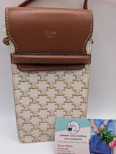 Celine Mini Phone Pouch Handbag in Triomphe Canvas and Tan Lambskin, Excellent