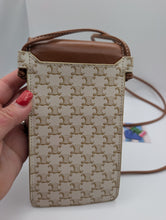 Celine Mini Phone Pouch Handbag in Triomphe Canvas and Tan Lambskin, Excellent