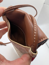Celine Mini Phone Pouch Handbag in Triomphe Canvas and Tan Lambskin, Excellent