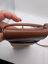 Celine Mini Phone Pouch Handbag in Triomphe Canvas and Tan Lambskin, Excellent