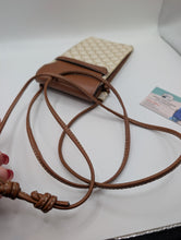 Celine Mini Phone Pouch Handbag in Triomphe Canvas and Tan Lambskin, Excellent