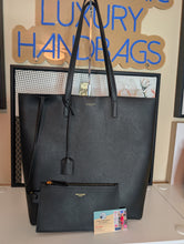 SAINT LAURENT BLACK LEATHER SHOPPING TOTE WITH POUCH